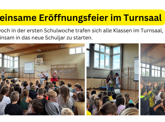 Eine Collage aus drei Bildern zeigt eine Turnhalle mit Schülern, die sich zu einer Eröffnungsfeier versammelt haben. Eine Gruppe von Schülern ist beim Applaudieren zu sehen.