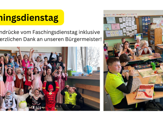 Zwei Bilder eines Klassenzimmers mit Kindern. Eine Gruppe feiert mit erhobenen Händen und Kostümen, die andere isst. Der Text sagt 'Faschingsdienstag'.