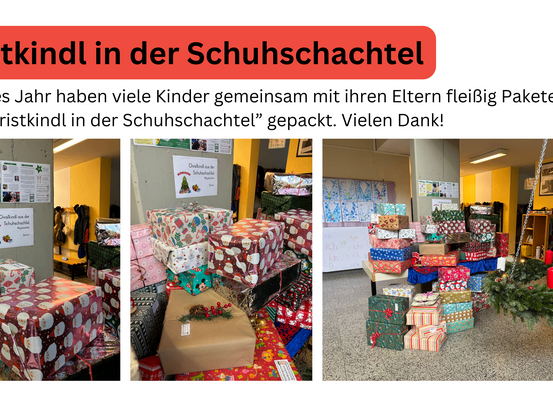 Eine Collage aus drei Bildern mit verpackten Geschenken. Das obere linke Bild zeigt einen Weihnachtsbaum und ein Schild. Das mittlere Bild zeigt einen Tisch mit vielen verpackten Geschenken. Das untere rechte Bild zeigt einen Raum mit einem Adventskranz und einem Haufen verpackter Geschenke auf dem Boden. Der Text oben lautet 'Christkindl in der Schuhschachtel'.