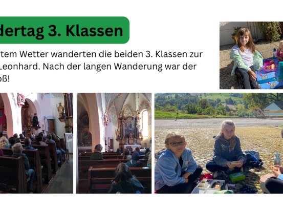 Das Bild zeigt eine Collage von Fotos eines Wandertages für die 3. Klasse. Das oberste Foto zeigt zwei Mädchen auf einer Picknickdecke sitzend, während die anderen sie in einer Kirche und beim Wandern zeigen.