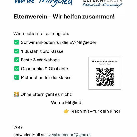 Plakat für einen Elternverein, mit dem Titel 'Elternverein - Wir helfen zusammen!' Vorteile umfassen Schwimmkosten, Busfahrt, Partys, Workshops, Geschenke und Klassenmaterialien. QR-Code für WhatsApp. Jetzt für dein Kind beitreten!