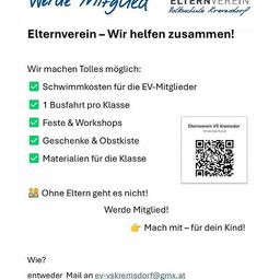 Plakat für einen Elternverein, mit dem Titel 'Elternverein - Wir helfen zusammen!' Vorteile umfassen Schwimmkosten, Busfahrt, Partys, Workshops, Geschenke und Klassenmaterialien. QR-Code für WhatsApp. Jetzt für dein Kind beitreten!