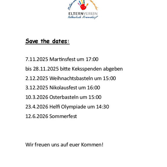 Dokument zeigt einen Zeitplan für Veranstaltungen in einem Kindergarten. Daten und Uhrzeiten für Martinsfest, Keksspenden, Weihnachtsbasteln, Nikolausfest, Osterbasteln, Helf! Olympiade und Sommerfest sind aufgeführt. Der Veranstalter lädt zum Kommen ein.