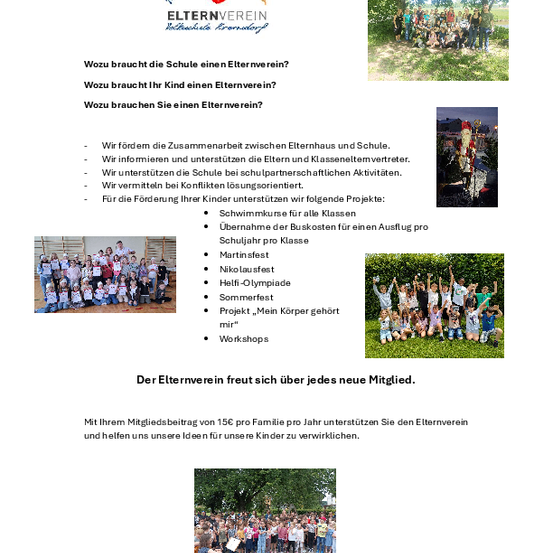 Ein Flyer für den Elternverein einer Schule in Deutschland. Er enthält Fragen, warum eine Schule einen Elternverein braucht, und listet verschiedene Projekte auf. Fotos zeigen Kinder und Eltern bei Veranstaltungen.