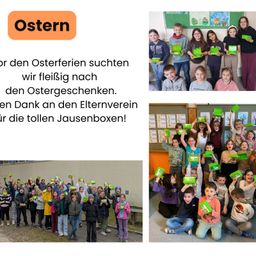 Gruppe von Kindern, die grüne Boxen halten, eine Gruppe steht draußen und eine Gruppe im Klassenzimmer.