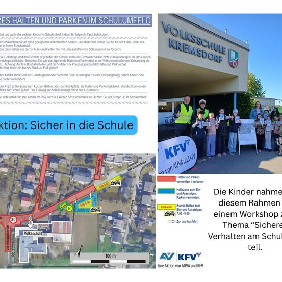 Ein Plakat mit Informationen zum Parken und Halten an einer Schule. Es erwähnt Regeln, Sicherheitsabstände und spezifische Parkbereiche. Eine Karte zeigt den Schulbereich mit Zonen für Busse, Eltern und Kinder. Unten hat es ein Workshop-Thema über sicheres Verhalten.
