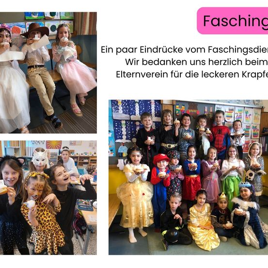 Kinder in Kostümen posieren für ein Foto. Sie halten Leckereien, wahrscheinlich Cupcakes, und einige haben Gesichtsbemalung. Der Hintergrund zeigt Klassenzimmerdekorationen.