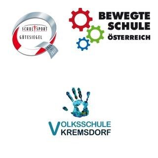 Eine Collage mit drei Logos: eines mit einem Zahnrad und Text 'Bewegte Schule Osterreich', eines mit einem Handabdruck und Text 'Volksschule Kremsdorf', und ein weiteres kreisförmiges Logo mit Text 'Schulsport Guter Siegel'.