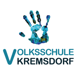 Das Logo der Volksschule Kremsdorf mit einem blauen Handabdruck auf schwarzem Hintergrund. Der Text ist fett und weiß.