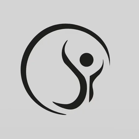 Ein stilisiertes Logo zeigt eine Person in einer dynamischen Pose innerhalb einer kreisförmigen Form. Das Design ist minimalistisch mit klaren Linien.