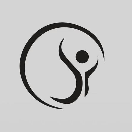Ein stilisiertes Logo zeigt eine Person in einer dynamischen Pose innerhalb einer kreisförmigen Form. Das Design ist minimalistisch mit klaren Linien.