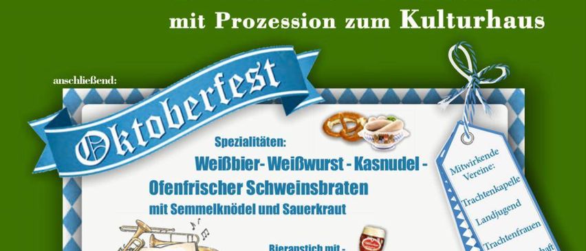 Plakat für das Erntedankfest am 21. September 2025 mit verschiedenen Lebensmitteln, einer Band und Aktivitäten wie Ponyreiten und Bratwurst.