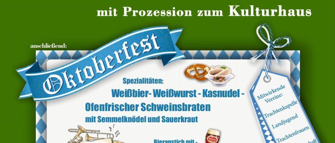 Plakat für das Erntedankfest am 21. September 2025 mit verschiedenen Lebensmitteln, einer Band und Aktivitäten wie Ponyreiten und Bratwurst.