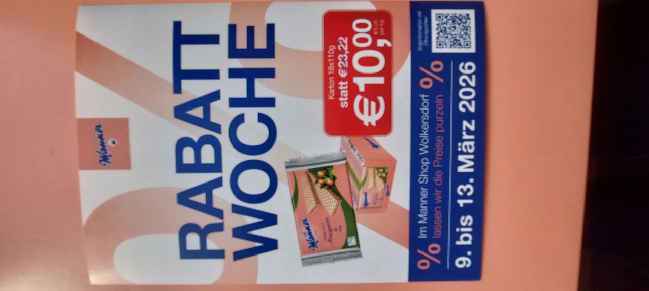 Rabattawoche-Flyer für eine Packung Waffeln, ursprünglich zum Preis von 23,02 Euro, jetzt reduziert auf 10,00 Euro. Gültig vom 9. März bis 13. März 2026.