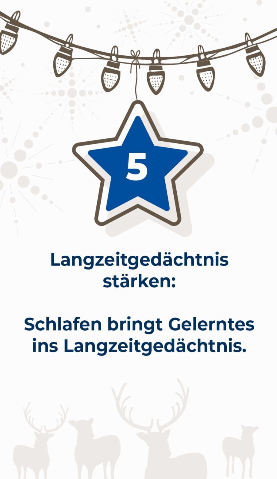 Ein Stern mit der Nummer 5 darin ist zu sehen. Unter dem Stern befindet sich deutscher Text, der übersetzt 'Langzeitgedächtnis stärken: Schlafen bringt Gelerntes ins Langzeitgedächtnis' lautet. Es bedeutet 'Langzeitgedächtnis stärken: Schlaf bringt gelerntes Wissen ins Langzeitgedächtnis.'