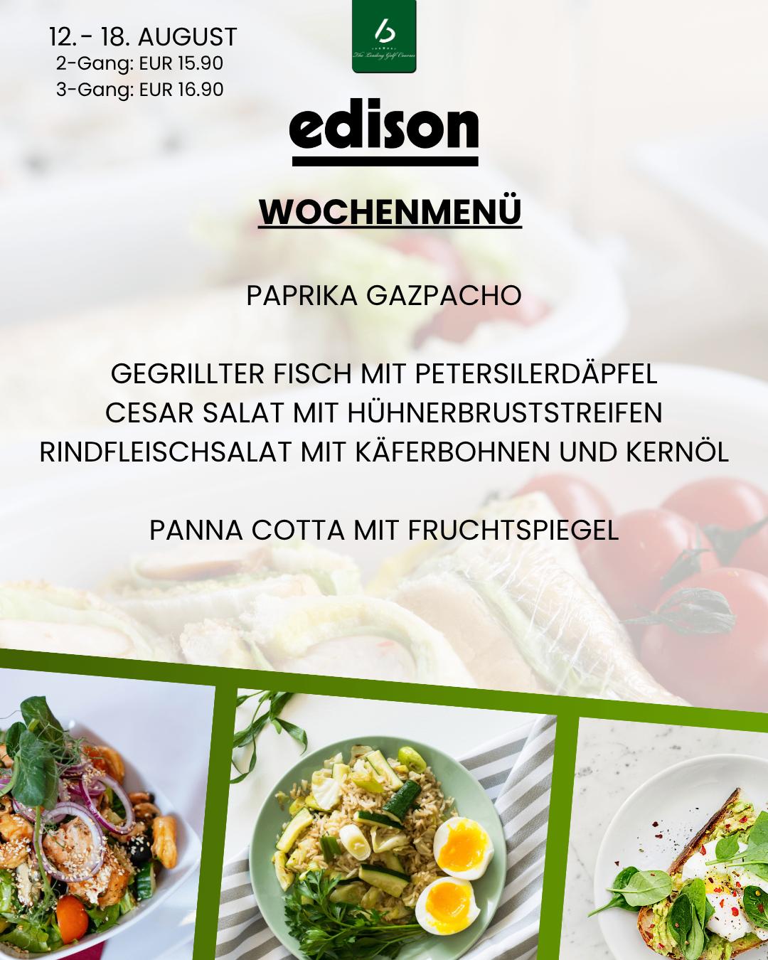 Ein Menü mit verschiedenen Gerichten, darunter Paprika-Gazpacho, gegrillter Fisch mit Petersilienäpfeln, Caesar-Salat mit Hähnchenbruststreifen, Rinderfleischsalat mit Kapern und Kapern und Panna Cotta mit Fruchtsauce.