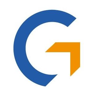 Ein Logo mit einem stilisierten Buchstaben G, wobei der obere Teil blau und der untere Teil gelb ist und eine pfeilartige Form bildet.