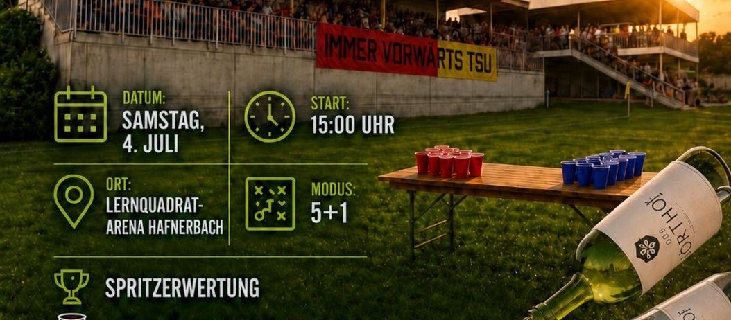 Plakat für Hobbyturner-Veranstaltung. Datum: 4. Juli. Start: 15:00 Uhr. Ort: Lernquadrat-Arena, Hafnerbach. Bierpong, Grill, Musik. Live-Übertragung um 19:00 und 23:00 Uhr. Anmeldung unter 06766916002.