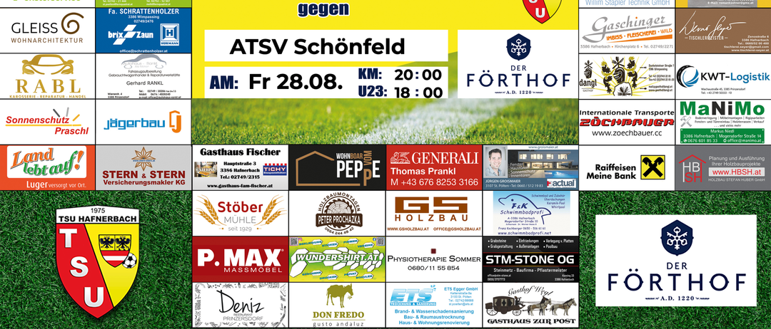 Plakat zur Werbung für ein Fußballspiel zwischen TSU Forthof Hafnerbach und ATSV Schönfeld am 28. August, mit Zeiten 20:00 und 18:00, mit Logos von Sponsoren und Partnern.
