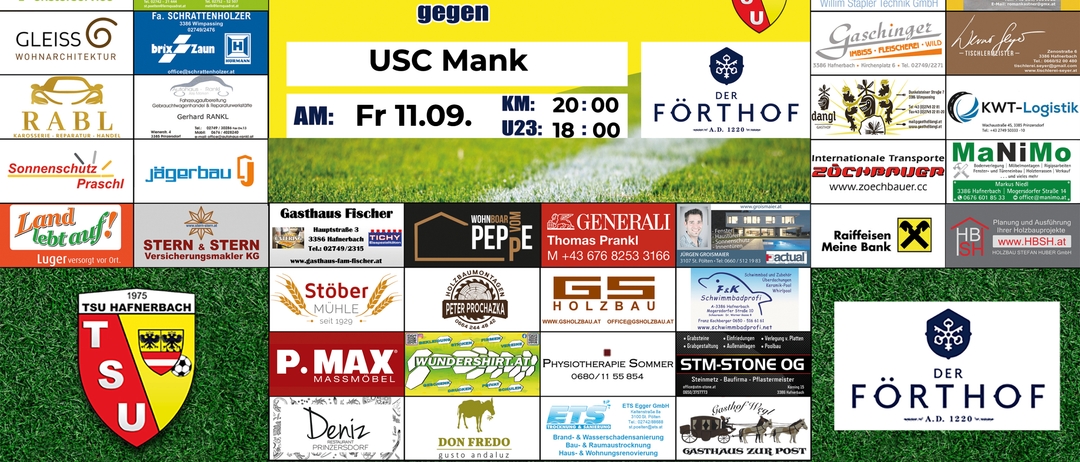 Fußballspielposter für TSU FORTHOF HAFNEBACH gegen USC MANK am Freitag, 11. September um 20:00 Uhr. Das Poster enthält verschiedene Werbungen und Logos.
