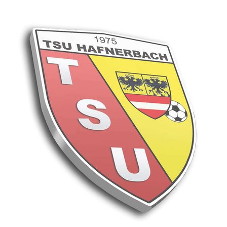 Das Logo des Sportvereins TSU Hafnerbach, gegründet 1975, zeigt einen Schild mit roten, gelben und weißen Abschnitten. Es enthält die Buchstaben 'TSU' und ein Fußballsymbol.