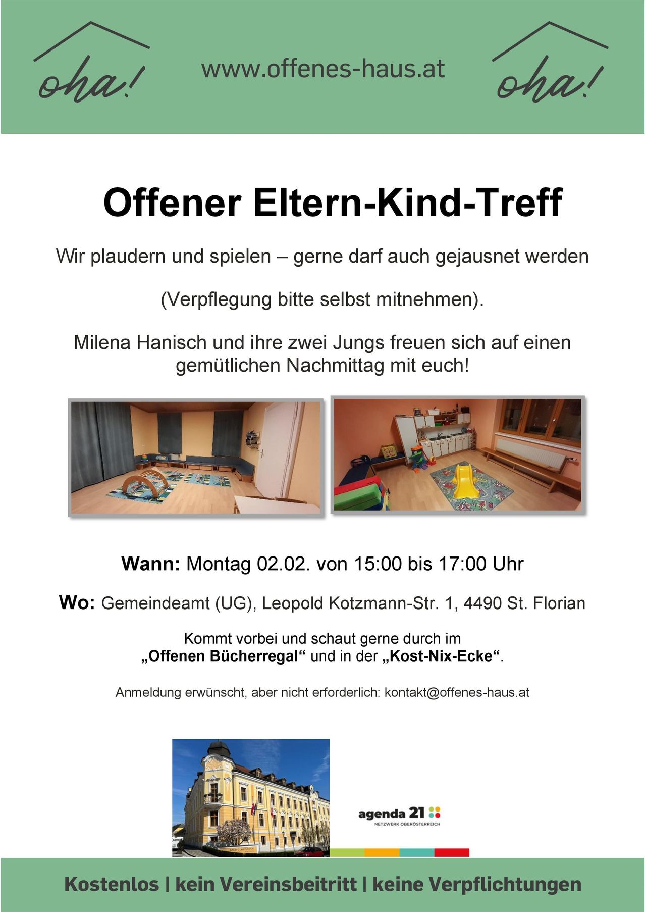 Der Flyer lädt zu einem offenen Eltern-Kind-Treff mit Milena Hanisch und ihren zwei Kindern ein. Es enthält zwei Bilder von Räumen und gibt Details zu Datum, Uhrzeit und Ort. Eine Anmeldung ist erwünscht, aber nicht erforderlich.