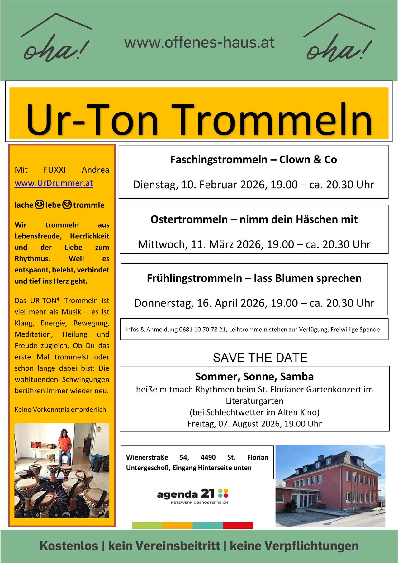 Poster for 'Ur-Ton Trommeln', a drumming event. Dates and details for three drumming sessions in 2026. Additional information about the event, including a link and contact number.