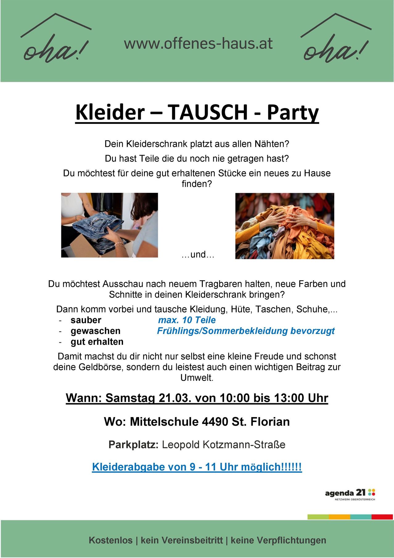 Plakat für eine Kleidertauschparty. Veranstaltung am 21. März, 10-13 Uhr, an der Mittelschule 4490 St. Florian. Parkplätze in der Leopold Kotzmann-Straße. Abgabe von 9-11 Uhr möglich. Saubere, gewaschene, gut erhaltene Kleidung. Max. 10 Teile. Frühlings-/Sommerbekleidung bevorzugt.
