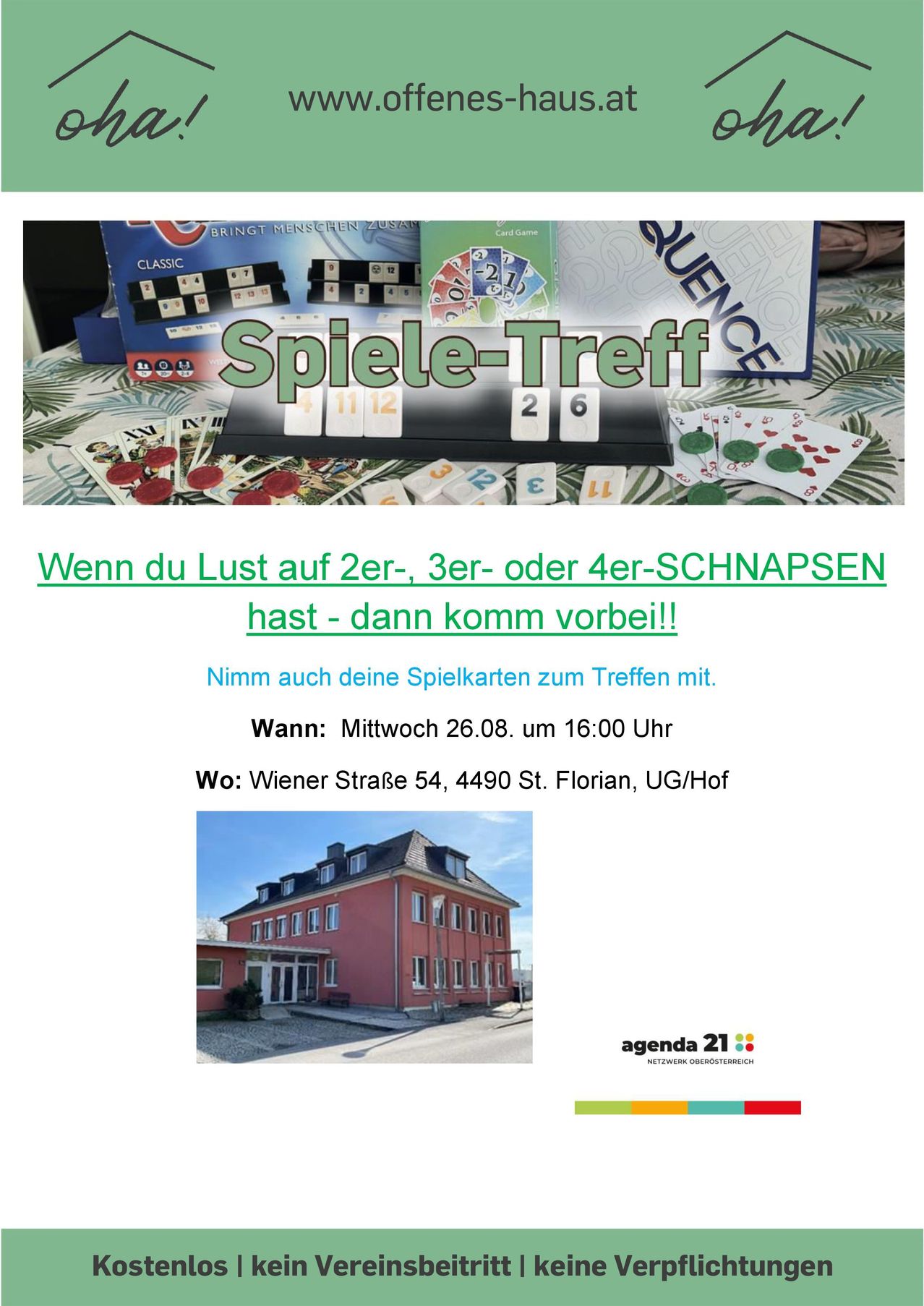 Ein Plakat für ein Spieletreffen in der Wiener Straße 54, 4490 St. Florian, UG/Hof am Mittwoch, 26. August um 16:00 Uhr. Das Plakat zeigt verschiedene Brettspiele und lädt die Teilnehmer ein, ihre eigenen Karten mitzubringen.