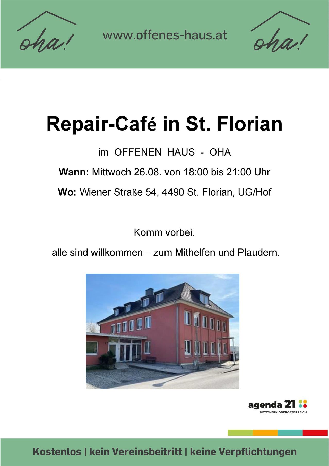 Plakat für das Repair-Café in St. Florian, das ein rotes Gebäude mit vielen Fenstern zeigt und alle einlädt, zu helfen.