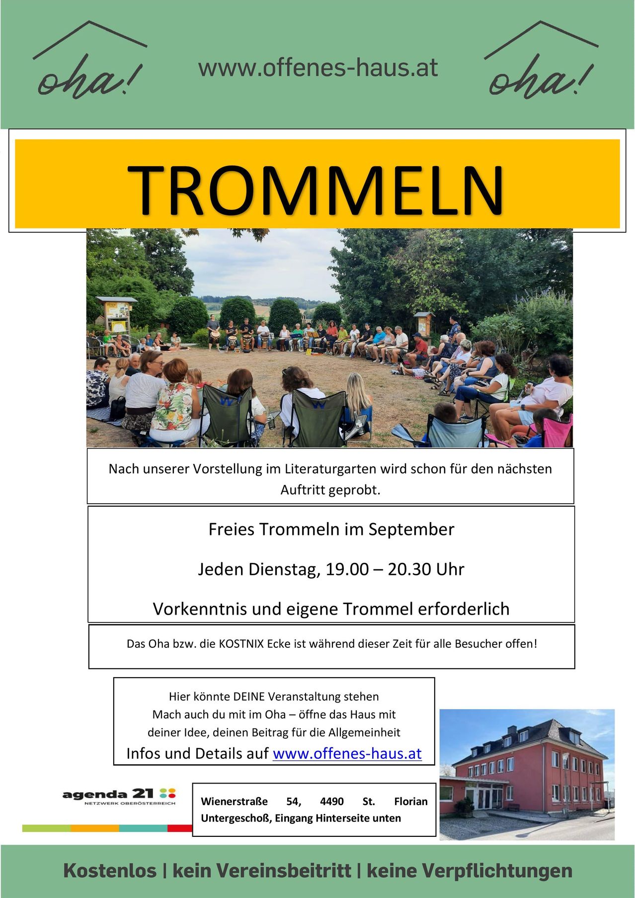 Ein Plakat für ein kostenloses Trommeln im September, das eine Gruppe von Menschen in einem Kreis im Freien zeigt. Das Plakat enthält Details zum Zeitplan und den Anforderungen der Veranstaltung.