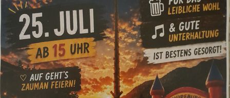 Ein Plakat für eine Veranstaltung am 25. Juli mit einem Lagerfeuer, einem Bierkrug und einem Hüpfburg. Der Text ist auf Deutsch.