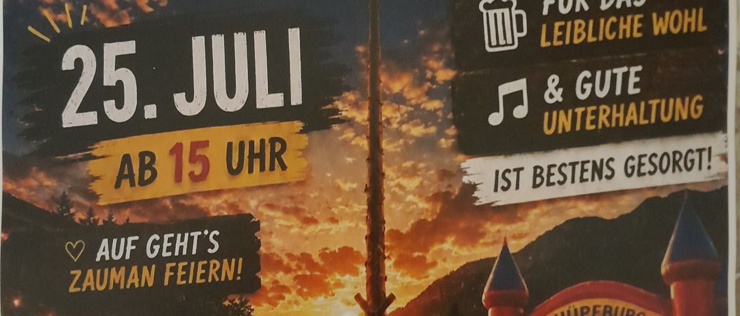 Ein Plakat für eine Veranstaltung am 25. Juli mit einem Lagerfeuer, einem Bierkrug und einem Hüpfburg. Der Text ist auf Deutsch.