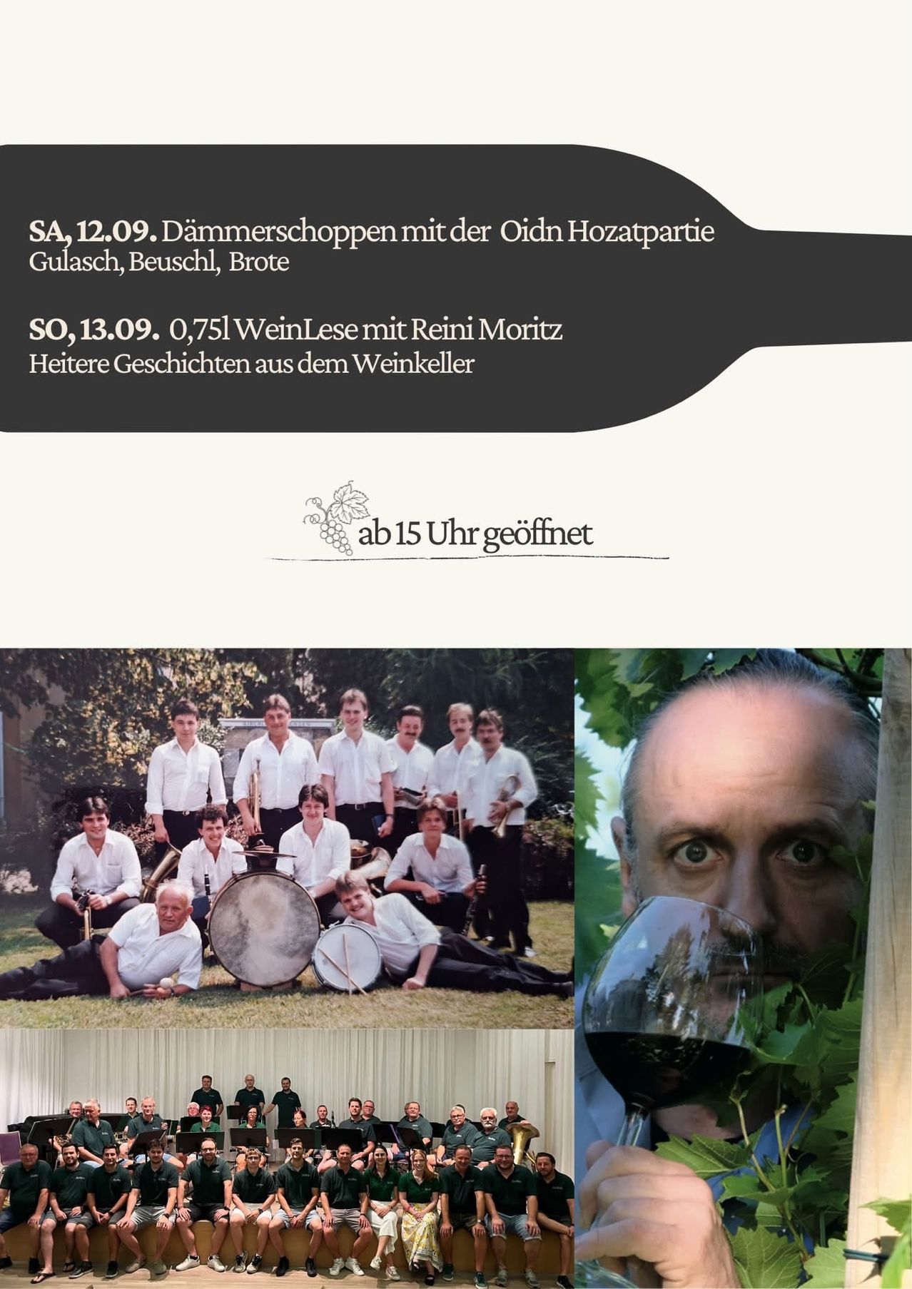 A poster advertising a wine tasting event with a band photo and a man drinking wine.