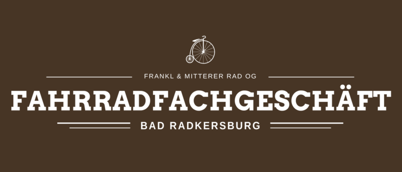 Ein Bild eines braunen Hintergrunds mit einem Fahrradlogo und der Aufschrift 'Frankl & Mitterer Rad OG' darüber und 'ADFACHGES BAD RADKERSBURG' darunter.