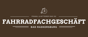 Ein Logo für das Fahrradgeschäft Frankl & Mitterer Rad OG in Bad Radkersburg, mit einer Fahrradgrafik und dem Namen des Geschäfts in fetten weißen Buchstaben.