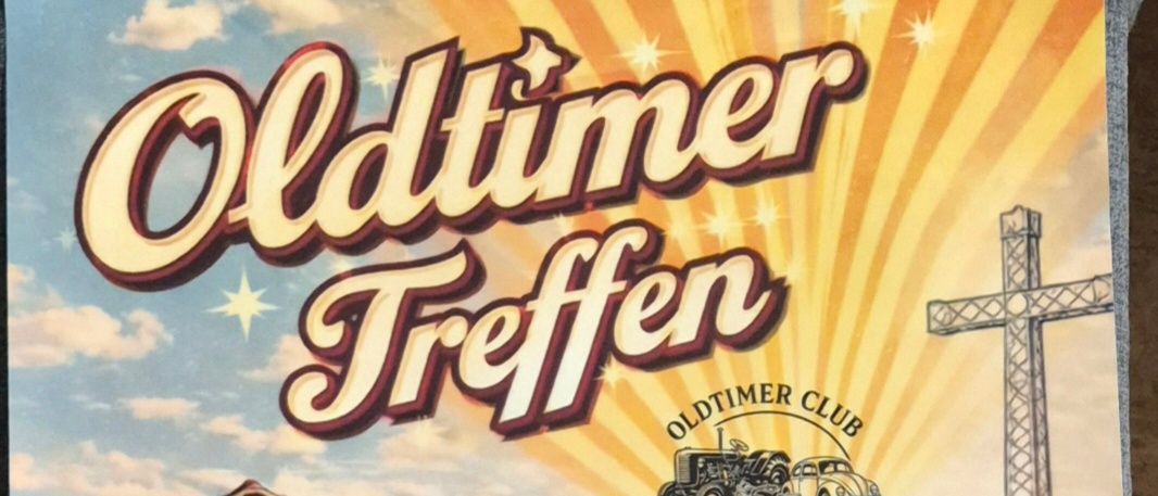Plakat für Oldtimer Club Prottes. Veranstaltung am 30.05.2026, einschließlich Aktivitäten wie Kindertag, Hügelfahrten, Kinderquad und Autorennen. Außerdem Auszeichnungen für das älteste Fahrzeug und die am weitesten angereisten Besucher.