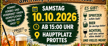 Plakat für die Spritzerstand-Veranstaltung in Prottes mit einem Auto, einem Traktor und Kindern in einem Hüpfburg. Die Veranstaltung findet am Samstag, den 10. Oktober 2026, ab 15:00 Uhr statt. Getränke umfassen Bier, Spritzer und Lager.