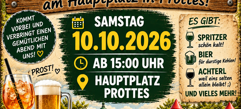 Plakat für die Spritzerstand-Veranstaltung in Prottes mit einem Auto, einem Traktor und Kindern in einem Hüpfburg. Die Veranstaltung findet am Samstag, den 10. Oktober 2026, ab 15:00 Uhr statt. Getränke umfassen Bier, Spritzer und Lager.