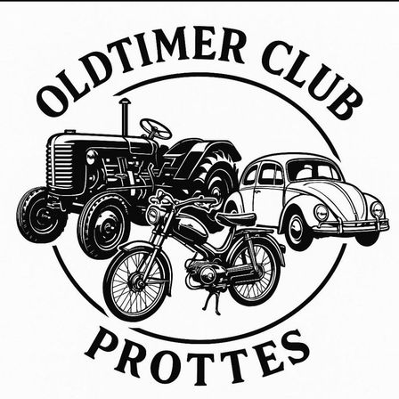Ein schwarz-weißes Grafik zeigt das Logo des Oldtimer Clubs Prottes mit einem Traktor, einem Motorrad und einem Oldtimer.