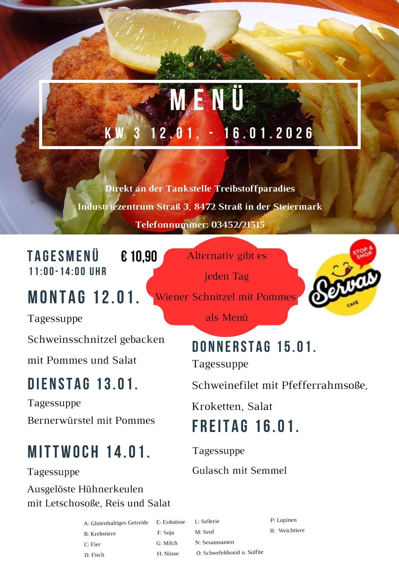 Wöchentliches Menü vom 12. bis 16. Januar 2026. Tägliche Suppen und Hauptgerichte aufgeführt. Verfügbar von 11 Uhr bis 14 Uhr. Telefonnummer: 03452/21515.