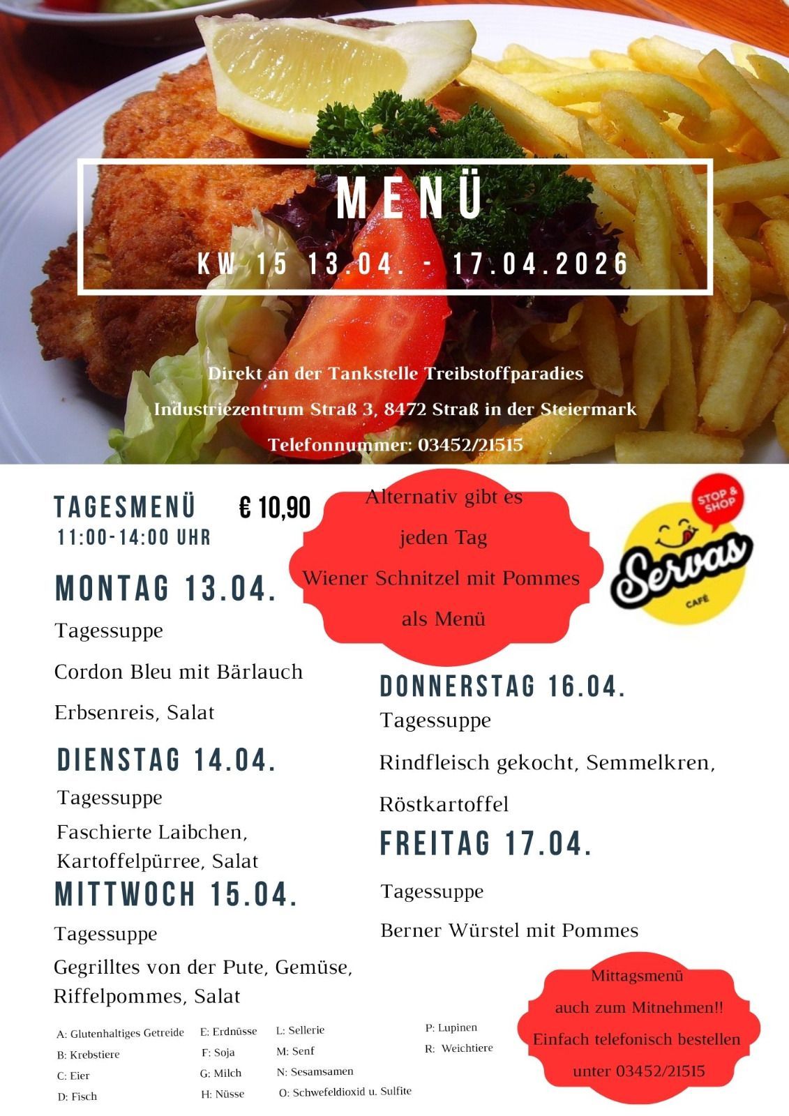 Menu for the week of April 13th to April 17th, 2026. Daily soups, Wiener Schnitzel, and other meals listed. Located at Industriezentrum Strasse 3.