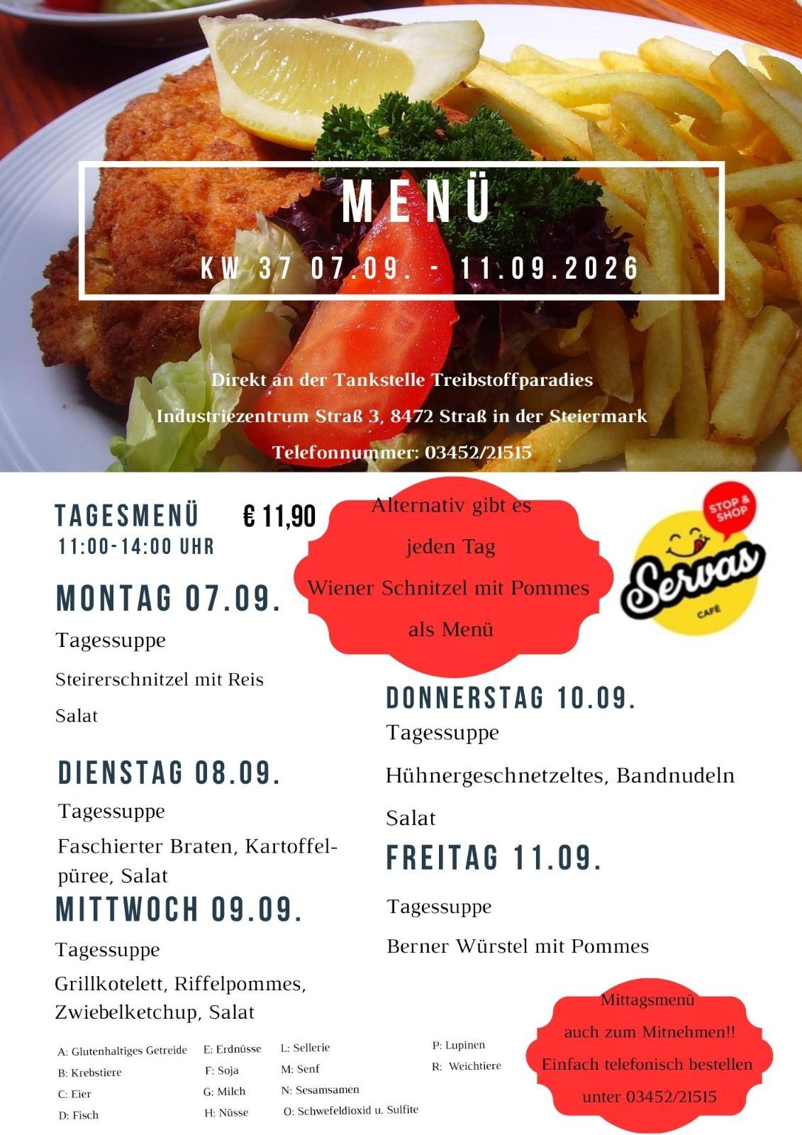 Menu for a restaurant with various dishes listed for different days, including Wiener Schnitzel, chicken cutlets, and salads. The menu is for the week of September 7th to September 11th, 2026.