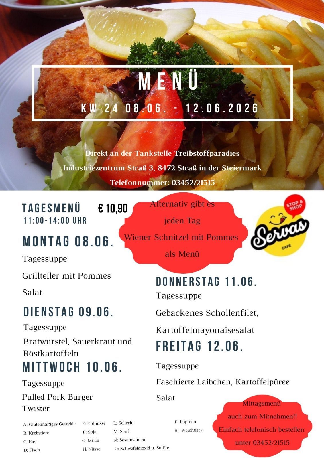 Weekly menu from June 8th to June 12th. Each day offers a different meal option. Monday, June 8th: Wiener Schnitzel with pommes. Tuesday, June 9th: Grilled bratwurst with sauerkraut. Wednesday, June 10th: Grilled fish with potato purée. Thursday, June 11th: Beef medallions. Friday, June 12th: Fried potatoes.