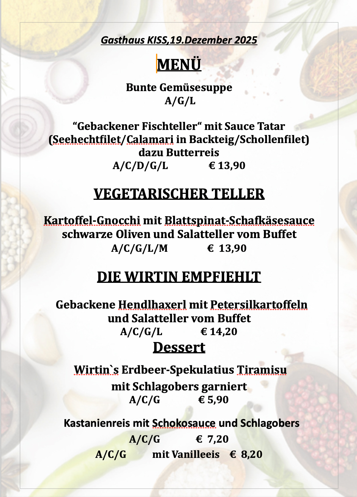 Ein Menü mit verschiedenen Gerichten, einschließlich bunter Gemüsesuppe, vegetarischem Teller und einer Dessertoption, mit Preisen in Euro angegeben.