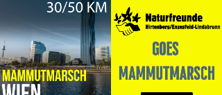 Plakat mit gelbem Hintergrund, das zwei Personen mit Skistöcken zeigt. Der Text lautet 'Mammutmarsch Wien', 'Hard Facts: 30 oder 50 KM, 11.04.2026, Wien' und 'Scan Me' mit einem QR-Code. Die Silhouette der Personen befindet sich unten links.