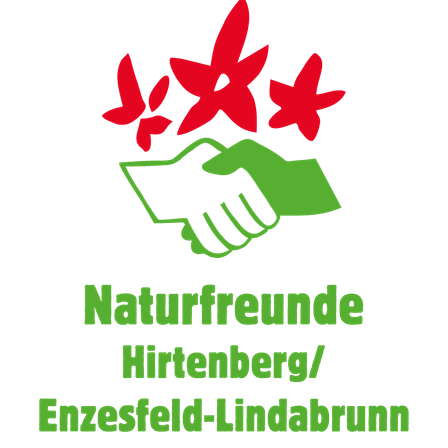 Ein schwarzer Hintergrund mit roten Sternen und grünen schüttelnden Händen, und darunter der Text 'Naturfreunde Hirtenberg/Enzersdorf-Lindabrunn'.