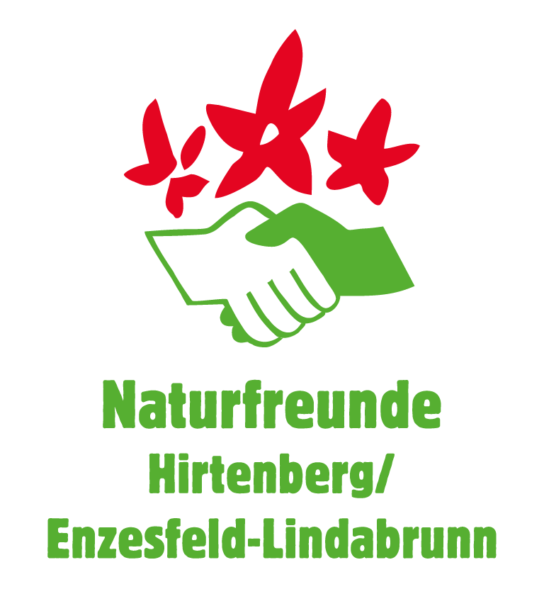 Ein schwarzer Hintergrund mit roten Sternen und grünen schüttelnden Händen, und darunter der Text 'Naturfreunde Hirtenberg/Enzersdorf-Lindabrunn'.