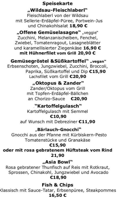 A menu lists various dishes: venison with celery root puree and port wine sauce, veggie pasta with zucchini and caramelized goat cheese, grilled trout with potato and dip, grilled zander/octopus with chorizo sauce, potato soup with croutons, pesto gnocchi with tomato or beef, and an Asian bowl with fish, rice, and vegetables.