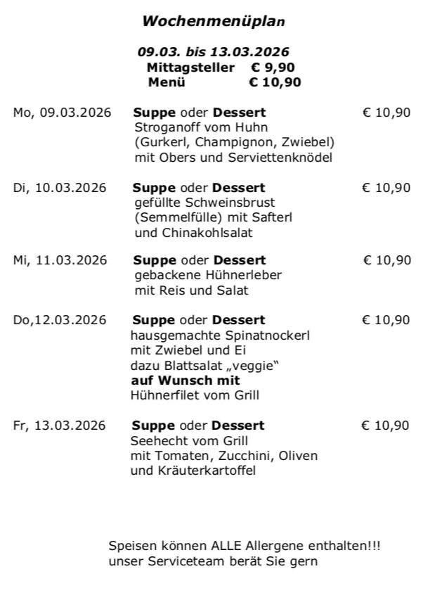 Menu from March 9th to March 13th, 2026. Each day offers a soup or dessert for 10.90 Euros. Ingredients vary daily, including mushrooms, pork, and grilled vegetables. All dishes may contain allergens.